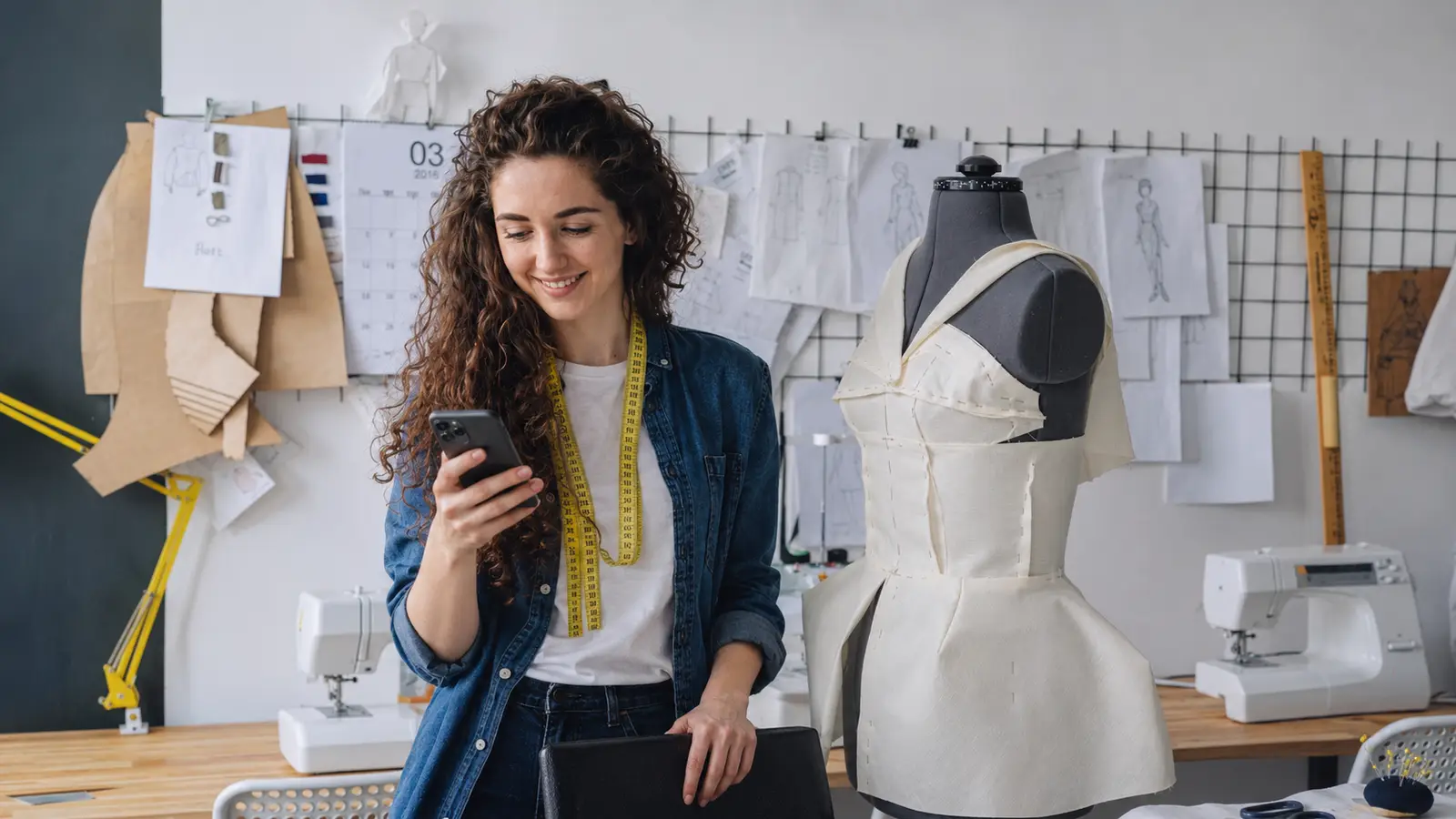 A tailor with a measuring tape checking her phone next to a dress form